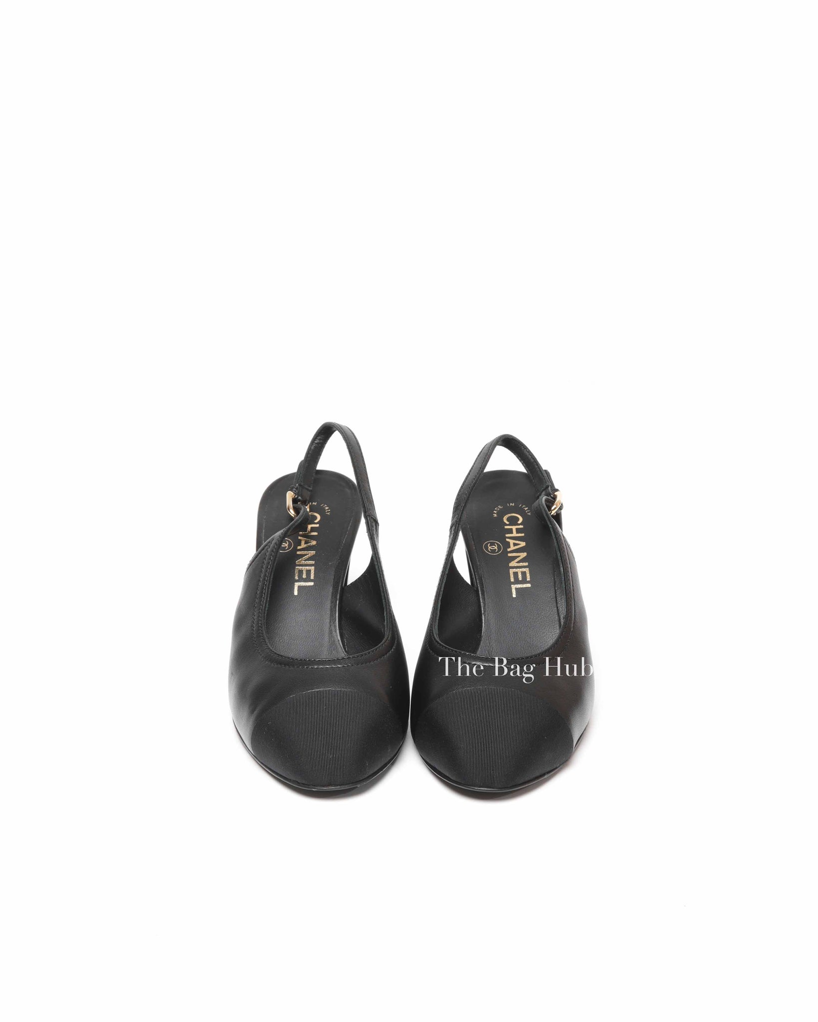 Chanel Black Leather Crystal Logo Cap Toe Slingback Pumps Size 36C