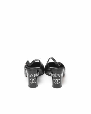 Chanel Black Leather Crystal Logo Cap Toe Slingback Pumps Size 36C