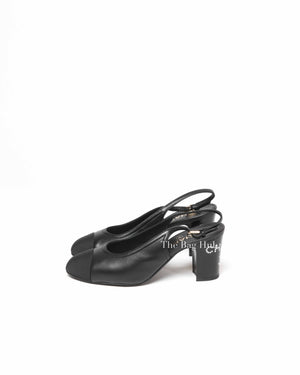 Chanel Black Leather Crystal Logo Cap Toe Slingback Pumps Size 36C