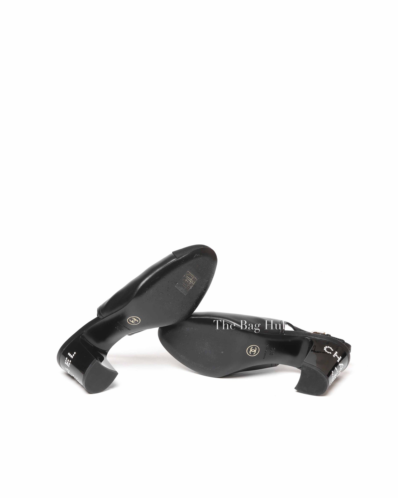Chanel Black Leather Crystal Logo Cap Toe Slingback Pumps Size 36C