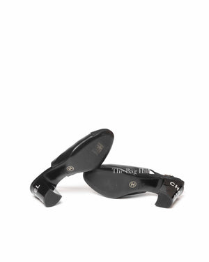 Chanel Black Leather Crystal Logo Cap Toe Slingback Pumps Size 36C