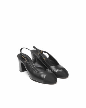 Chanel Black Leather Crystal Logo Cap Toe Slingback Pumps Size 36C