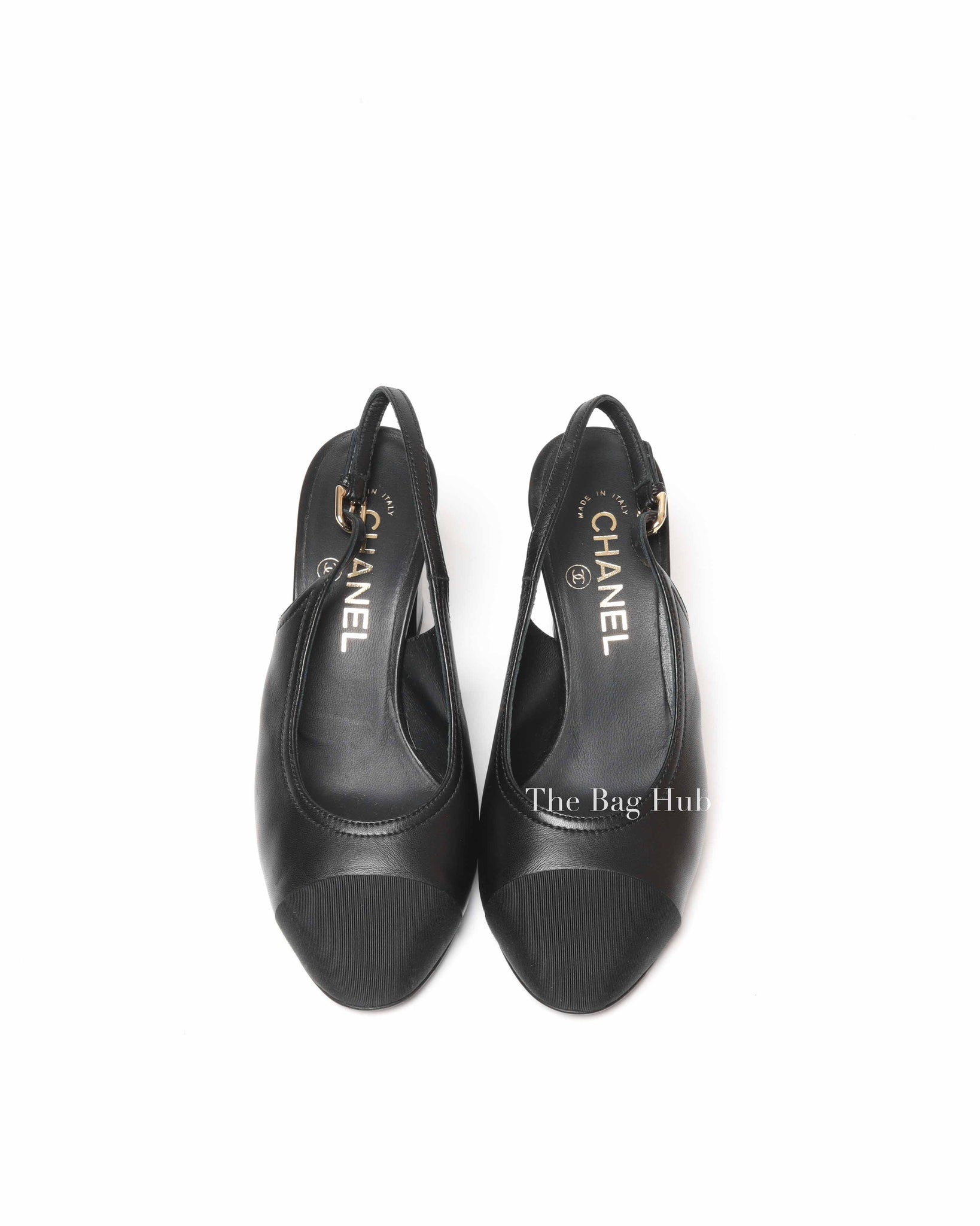Chanel Black Leather Crystal Logo Cap Toe Slingback Pumps Size 36C