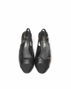 Chanel Black Leather Crystal Logo Cap Toe Slingback Pumps Size 36C