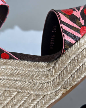 Louis Vuitton Pink/Brown Monogram Canvas Sugar Pink Poppy Espadrille Wedge Platform Ankle Strap Sandals Size 36.5