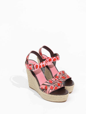 Louis Vuitton Pink/Brown Monogram Canvas Sugar Pink Poppy Espadrille Wedge Platform Ankle Strap Sandals Size 36.5