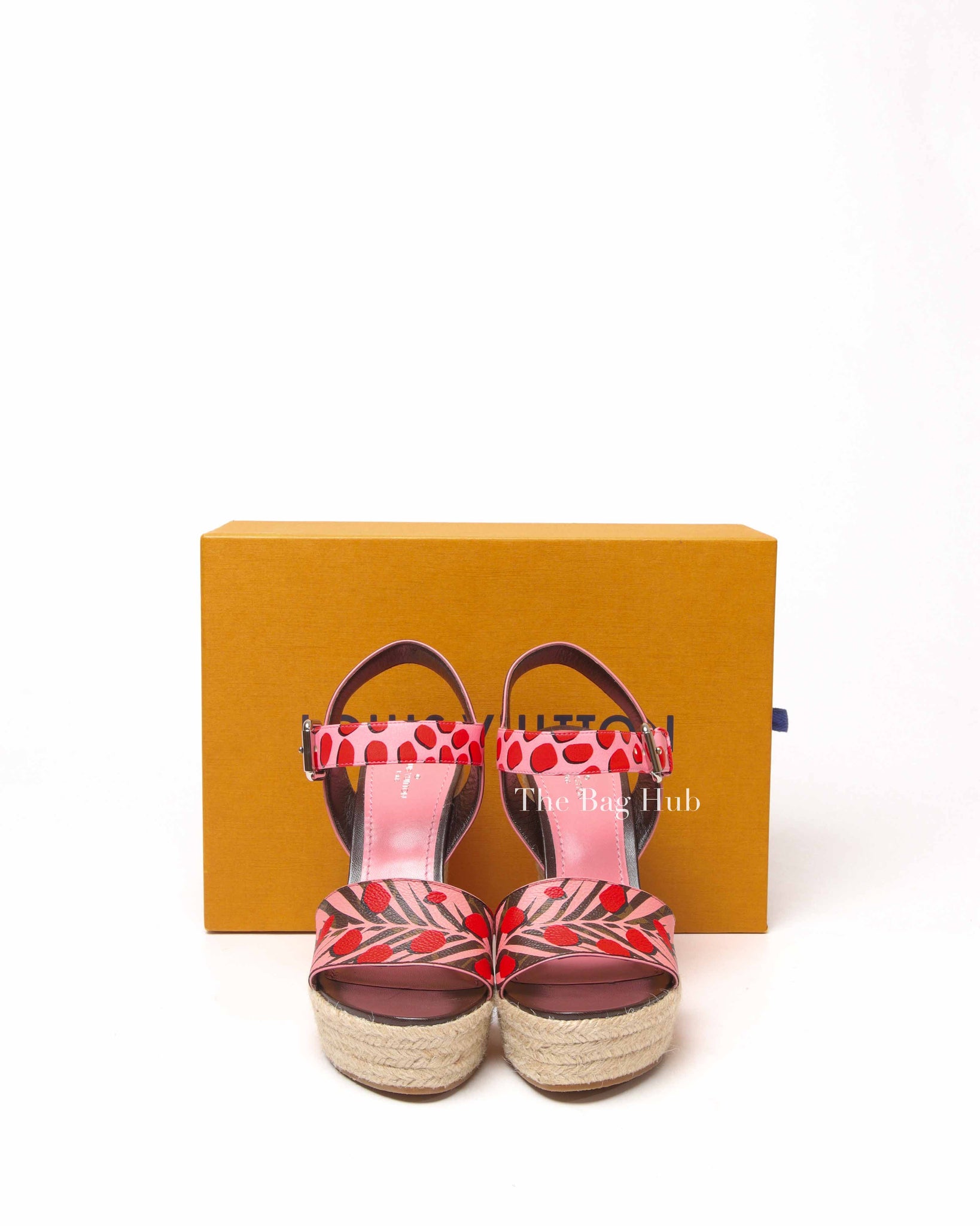 Louis Vuitton Pink/Brown Monogram Canvas Sugar Pink Poppy Espadrille Wedge Platform Ankle Strap Sandals Size 36.5