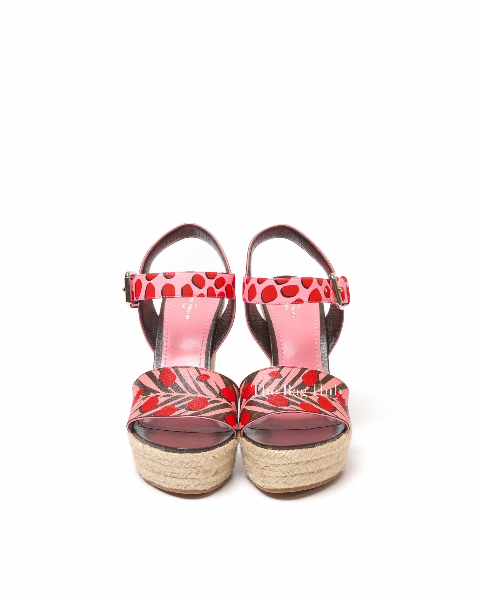 Louis Vuitton Pink/Brown Monogram Canvas Sugar Pink Poppy Espadrille Wedge Platform Ankle Strap Sandals Size 36.5