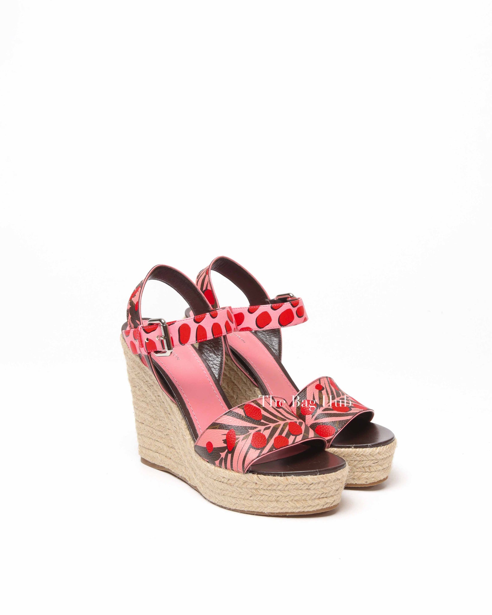Louis Vuitton Pink/Brown Monogram Canvas Sugar Pink Poppy Espadrille Wedge Platform Ankle Strap Sandals Size 36.5