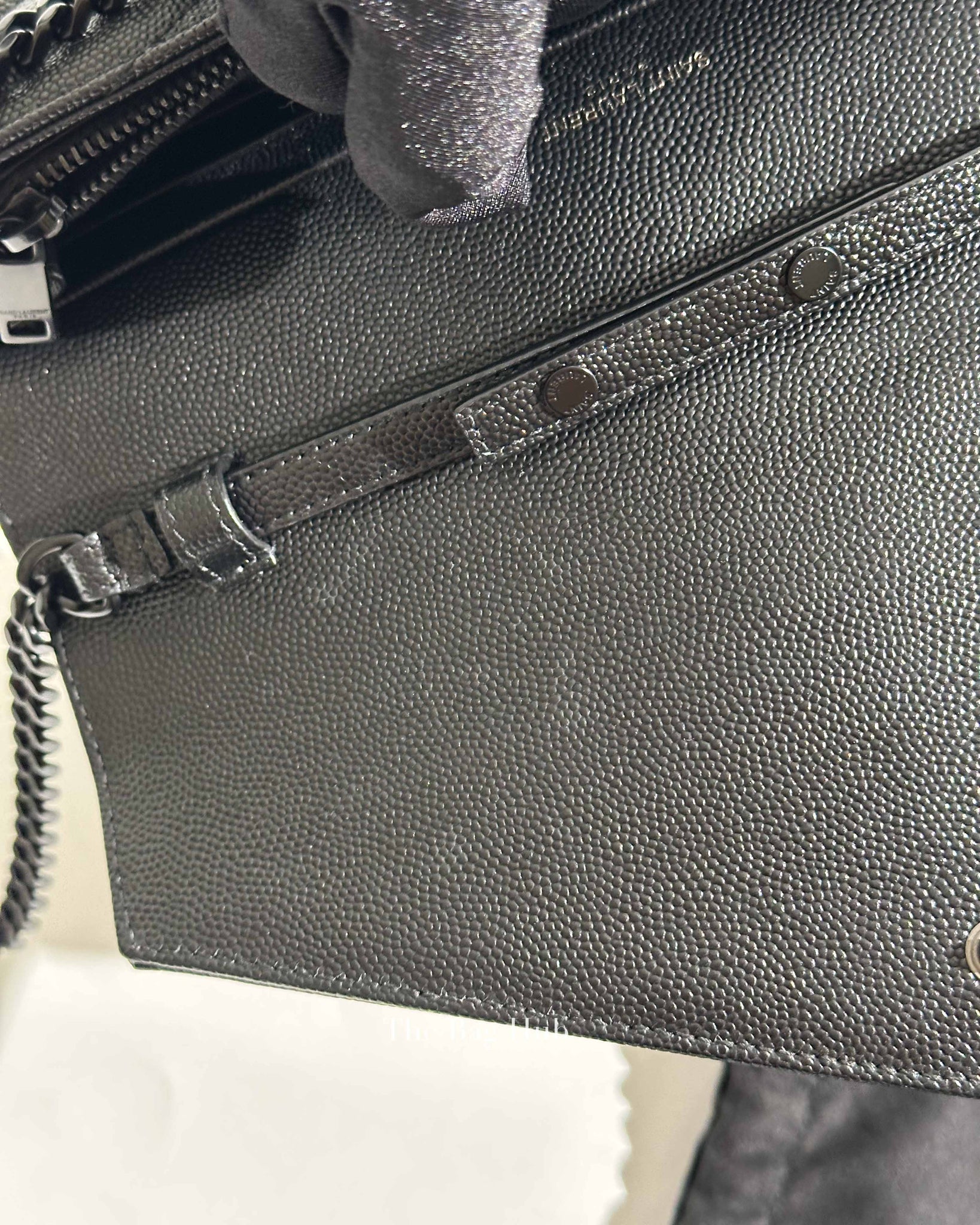 Saint Laurent Black Grained Leather De Poudre Matelasse Chevron Monogram Monochrome Chain Wallet