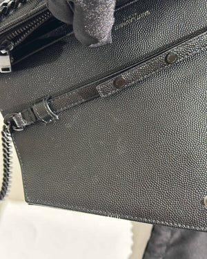 Saint Laurent Black Grained Leather De Poudre Matelasse Chevron Monogram Monochrome Chain Wallet