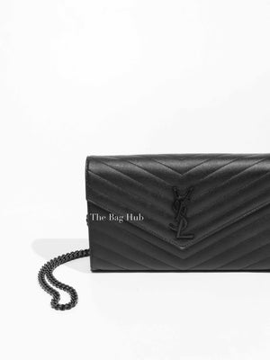 Saint Laurent Black Grained Leather De Poudre Matelasse Chevron Monogram Monochrome Chain Wallet