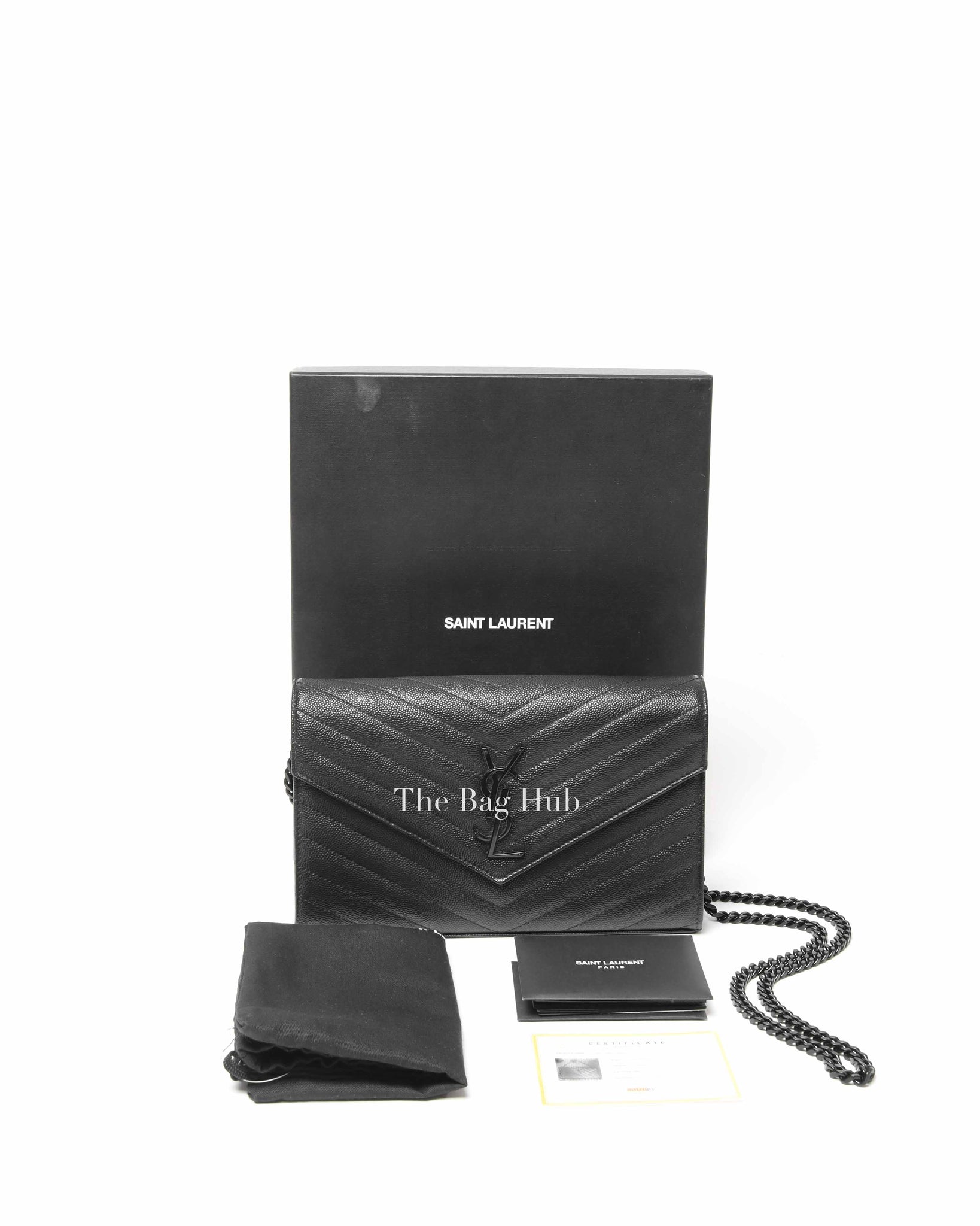 Saint Laurent Black Grained Leather De Poudre Matelasse Chevron Monogram Monochrome Chain Wallet