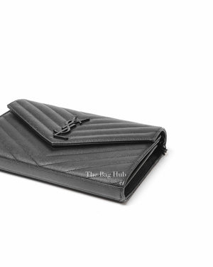 Saint Laurent Black Grained Leather De Poudre Matelasse Chevron Monogram Monochrome Chain Wallet