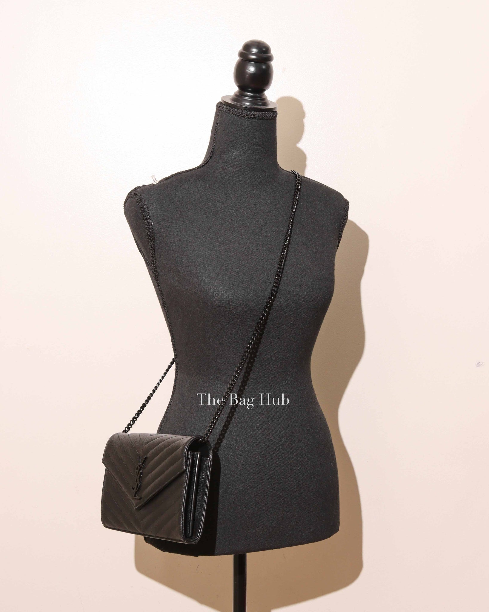 Saint Laurent Black Grained Leather De Poudre Matelasse Chevron Monogram Monochrome Chain Wallet