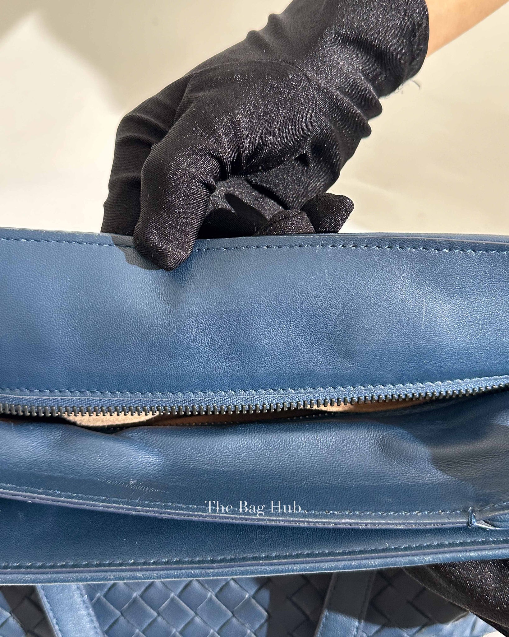 Bottega Veneta Navy Blue Intrecciato Leather Double Zip Tote Bag