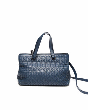 Bottega Veneta Navy Blue Intrecciato Leather Double Zip Tote Bag