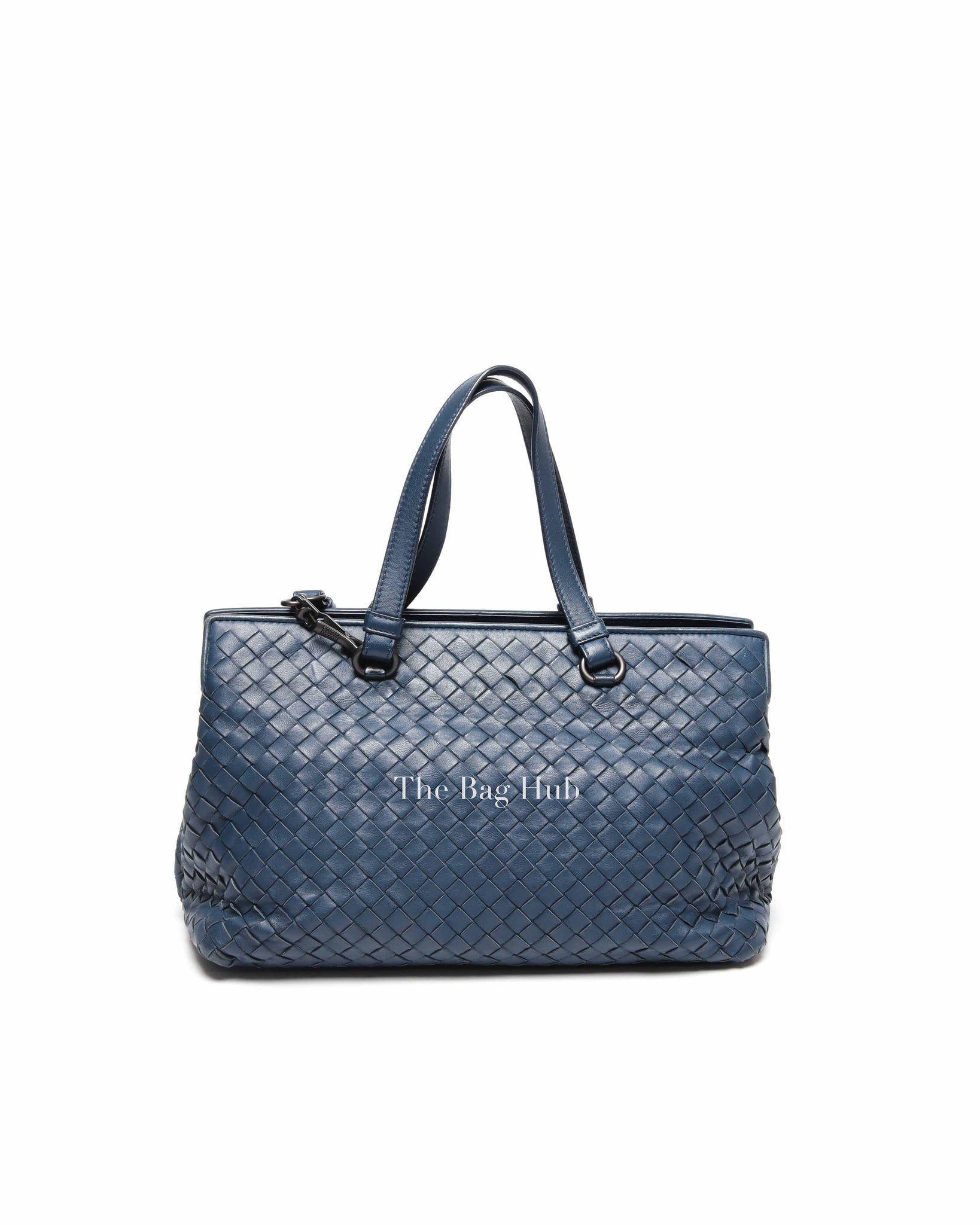 Bottega Veneta Navy Blue Intrecciato Leather Double Zip Tote Bag
