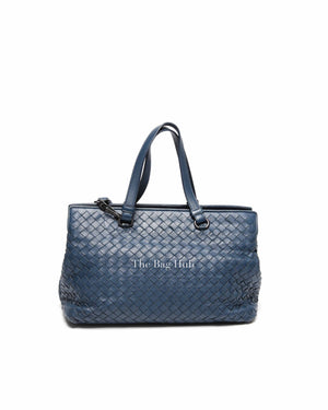 Bottega Veneta Navy Blue Intrecciato Leather Double Zip Tote Bag