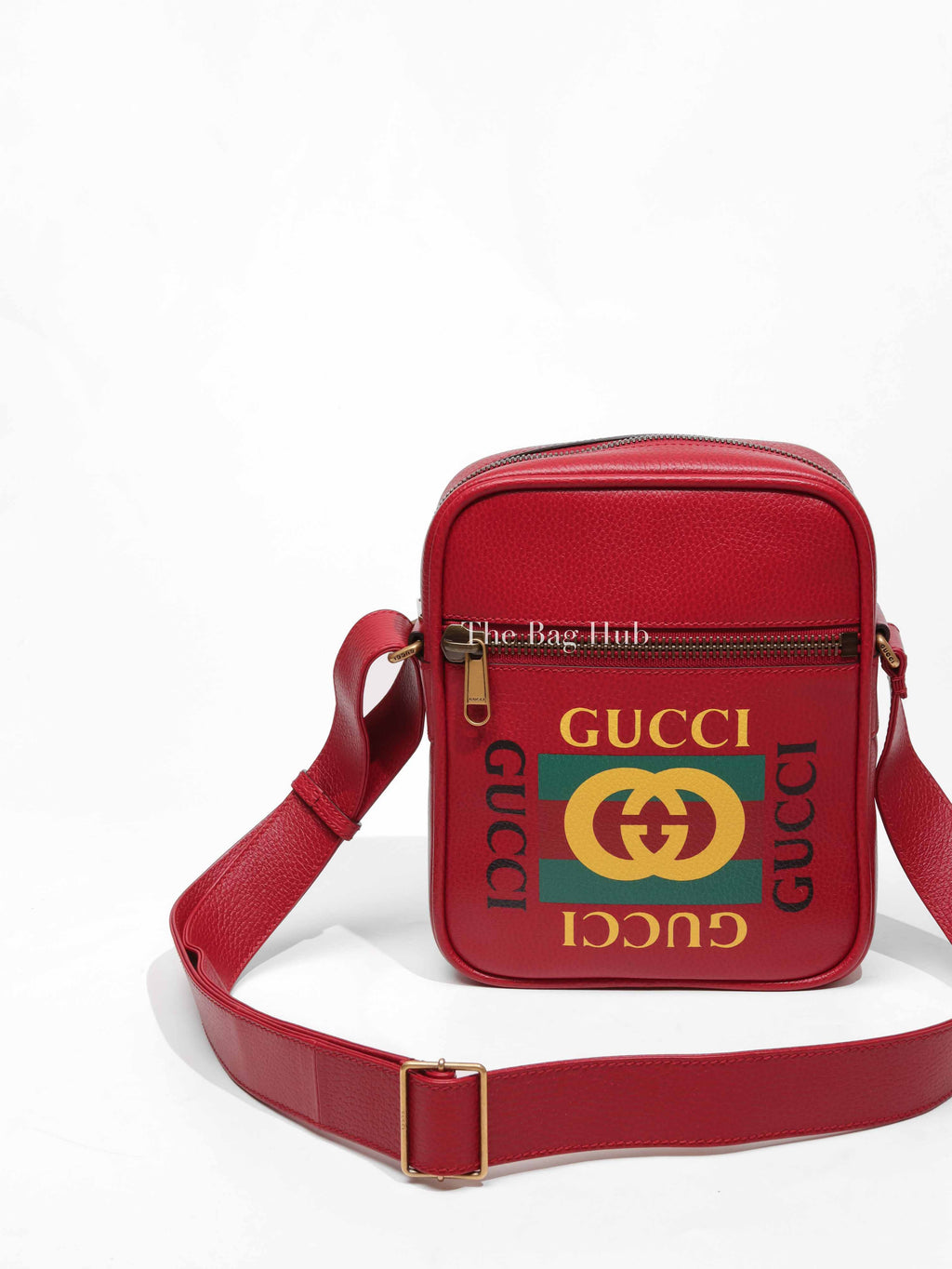 Gucci Hibiscus Red Grained Calfskin Leather Medium Logo Messenger Bag