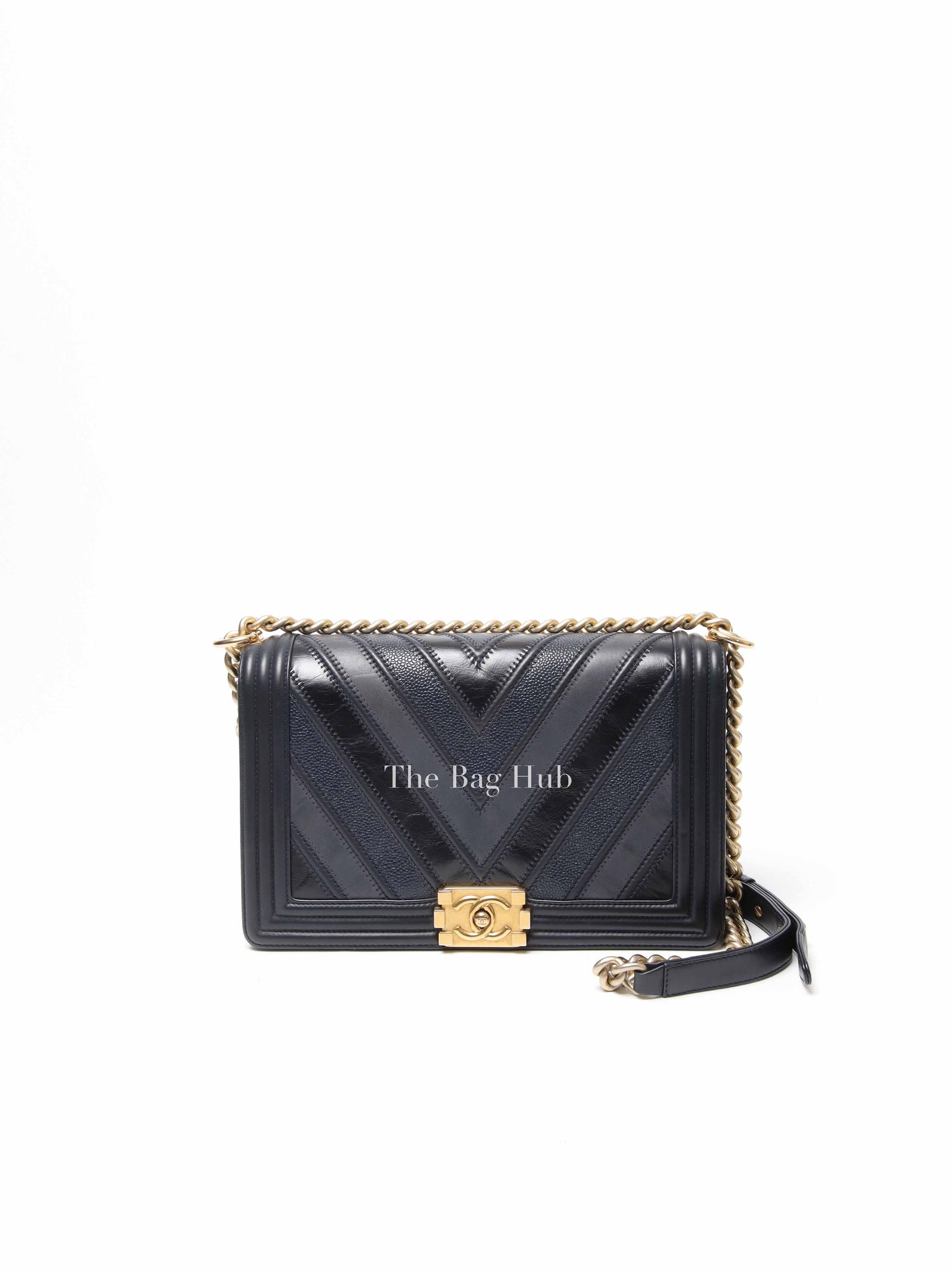 Chanel Navy Leather Chevron Le Boy New Medium Bag GHW Designer Brand Authentic Chanel The Bag Hub