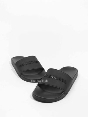Balenciaga Black Rubber Men's Logo Pool Slides Size 40