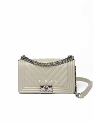 Chanel Khaki Green Chevron Leather Quilted Medium Boy Flap Bag
