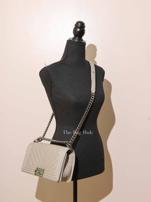Chanel Khaki Green Chevron Leather Quilted Medium Boy Flap Bag
