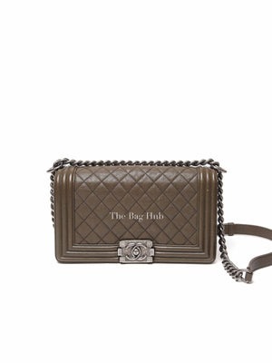 Chanel Khaki Olive Green Caviar Age Leather Cuba Classic Old Medium Le Boy Quilted Bag