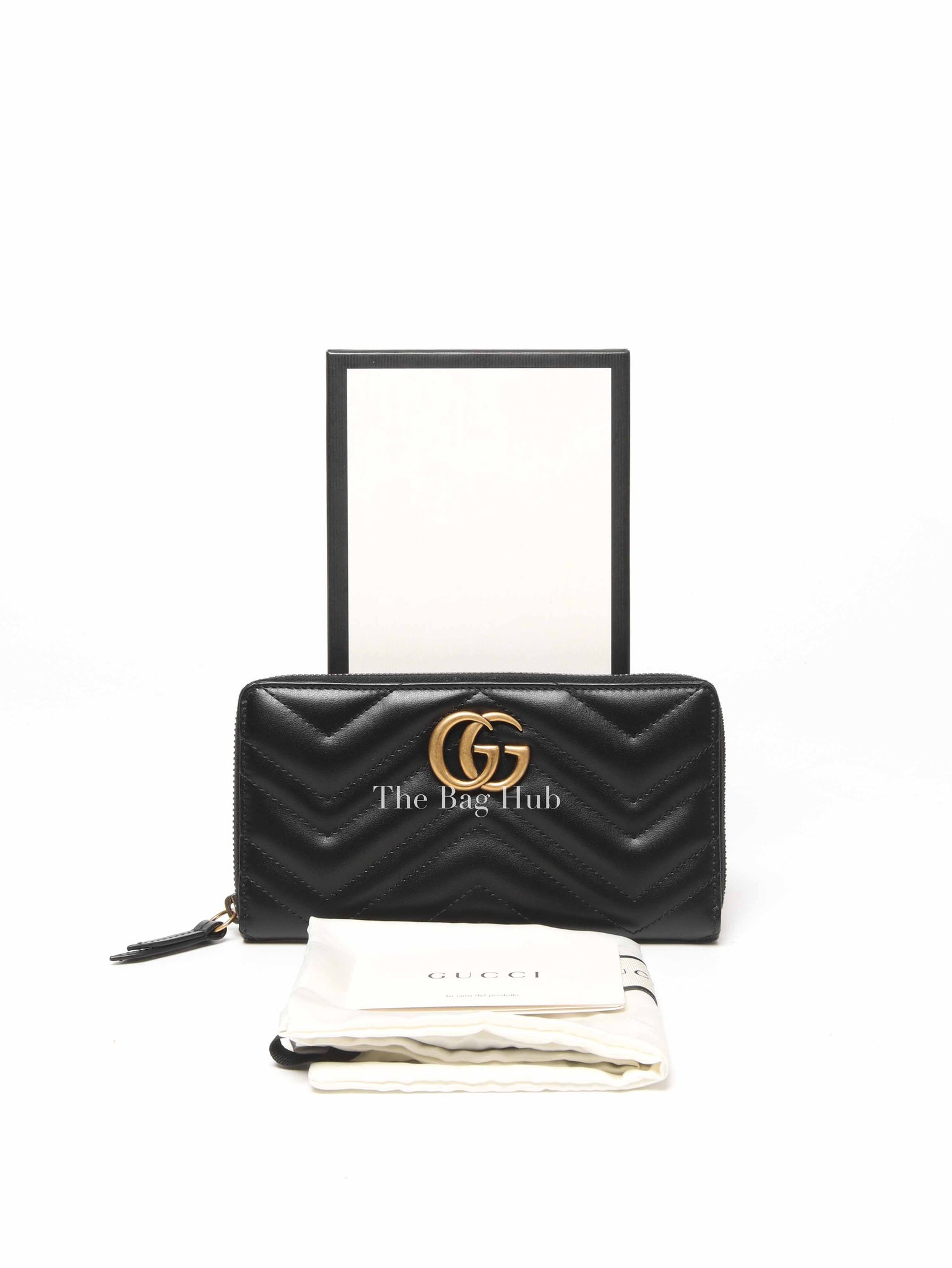 Gucci Black Calfskin Matelasse GG Marmont Zip Around Wallet