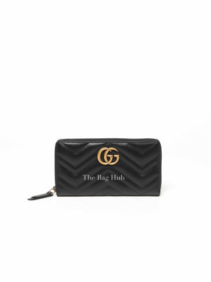 Gucci Black Calfskin Matelasse GG Marmont Zip Around Wallet