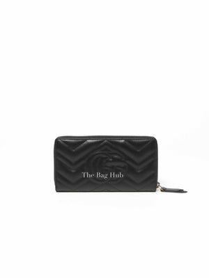 Gucci Black Calfskin Matelasse GG Marmont Zip Around Wallet