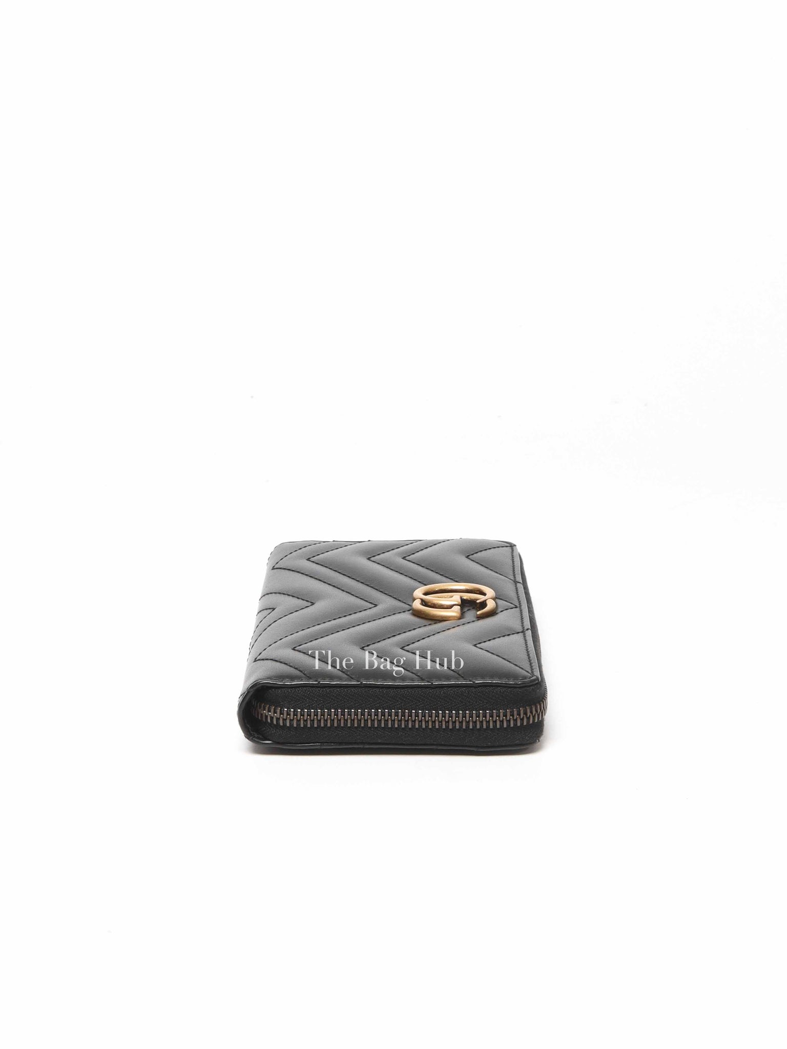 Gucci Black Calfskin Matelasse GG Marmont Zip Around Wallet