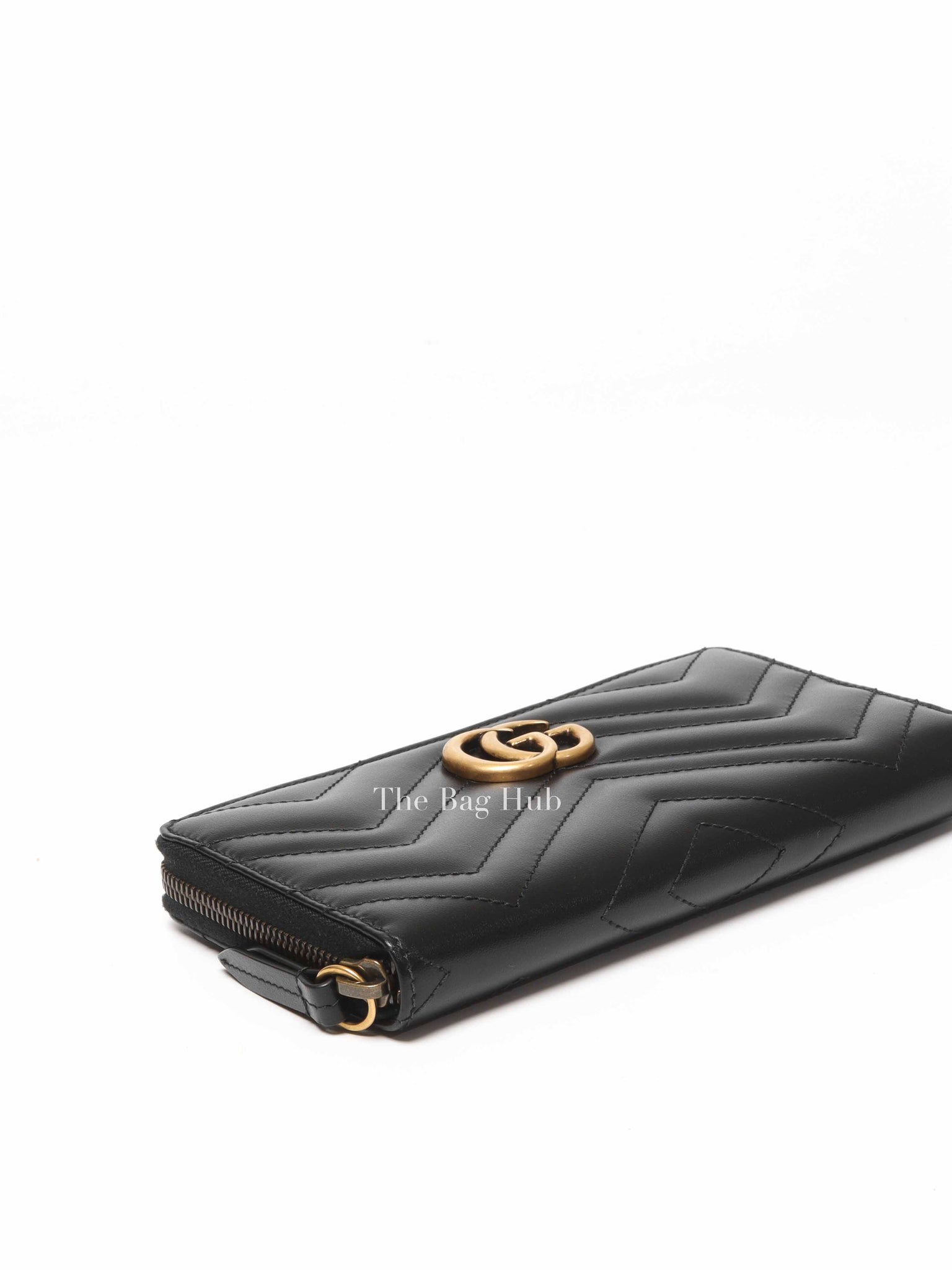 Gucci Black Calfskin Matelasse GG Marmont Zip Around Wallet