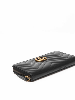 Gucci Black Calfskin Matelasse GG Marmont Zip Around Wallet