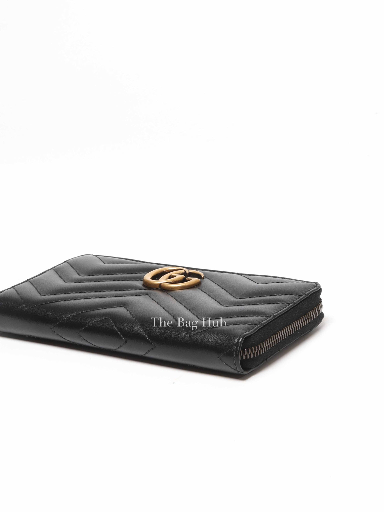 Gucci Black Calfskin Matelasse GG Marmont Zip Around Wallet