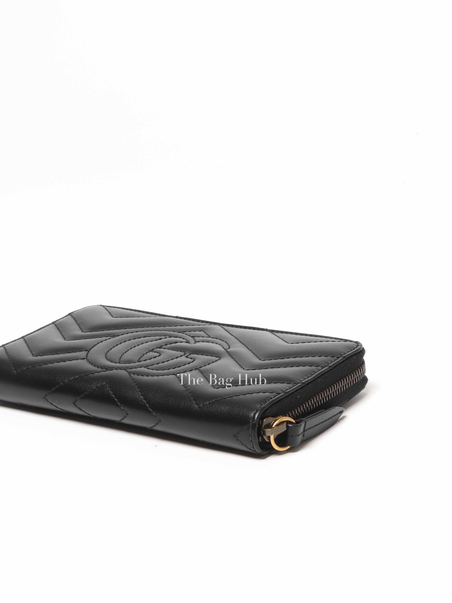 Gucci Black Calfskin Matelasse GG Marmont Zip Around Wallet