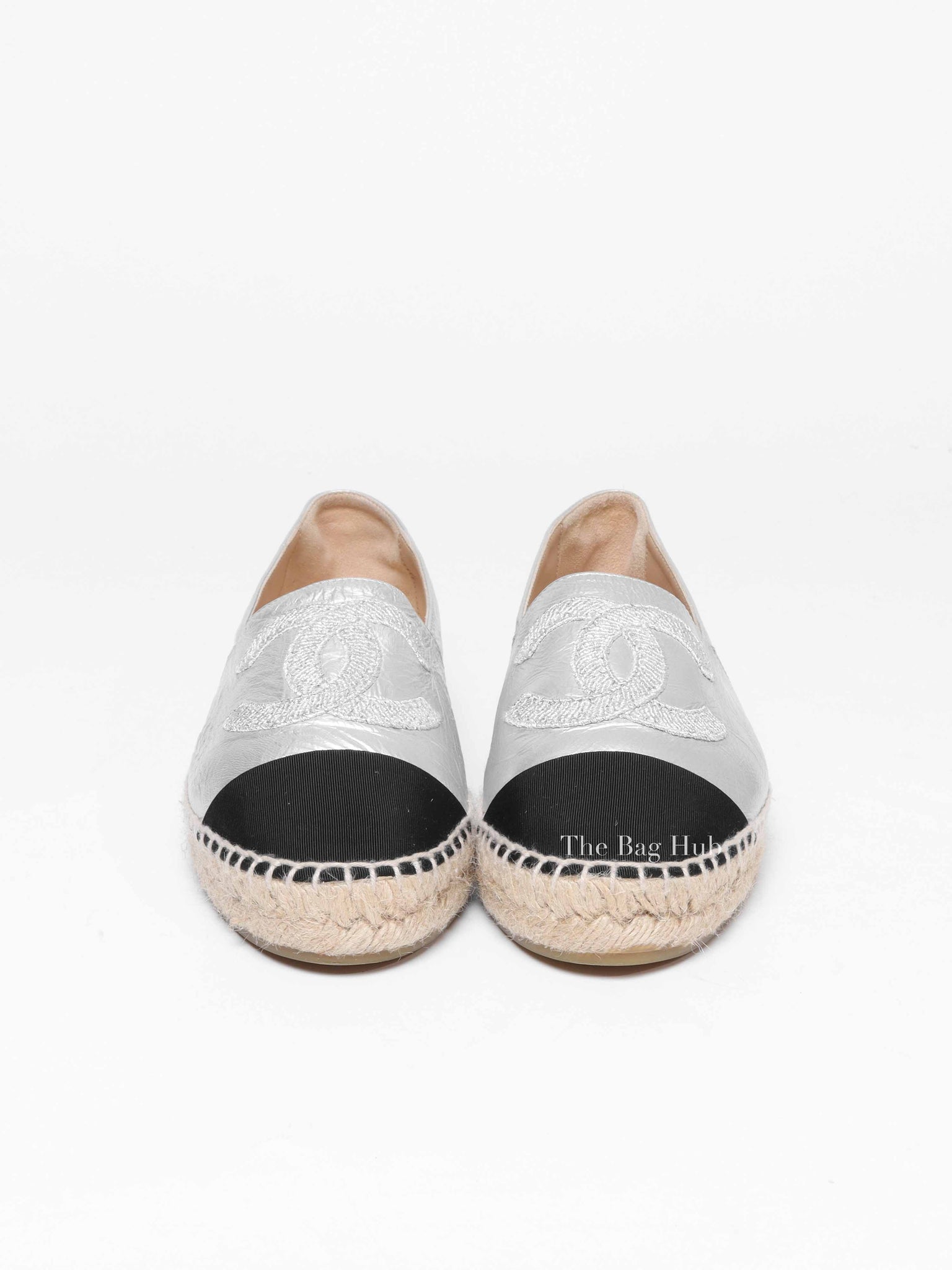 Chanel Silver Black Leather Grosgrain Embroidered CC Espadrilles Size 37