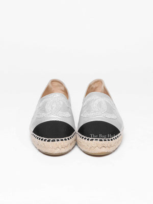 Chanel Silver Black Leather Grosgrain Embroidered CC Espadrilles Size 37