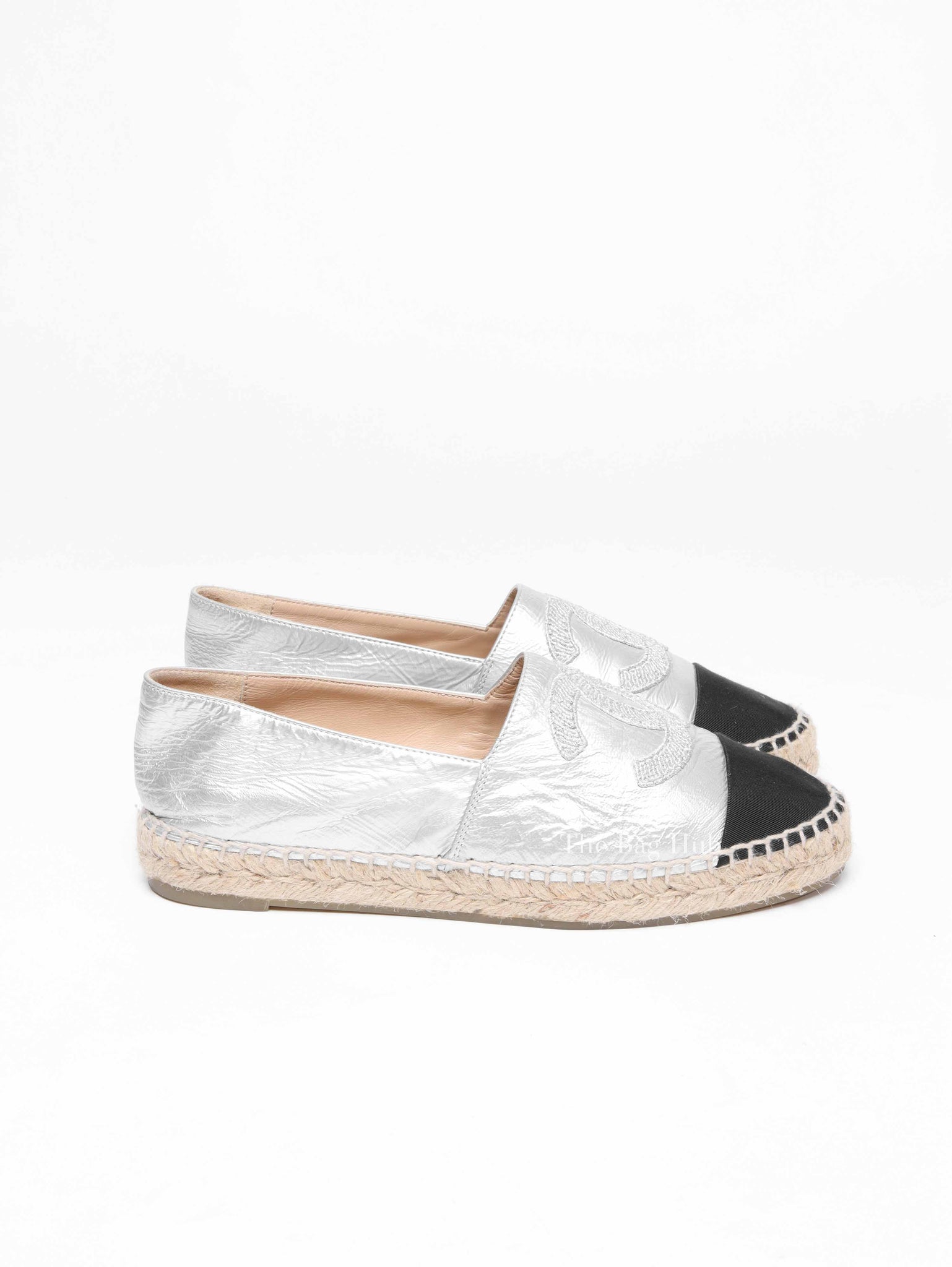 Chanel Silver Black Leather Grosgrain Embroidered CC Espadrilles Size 37