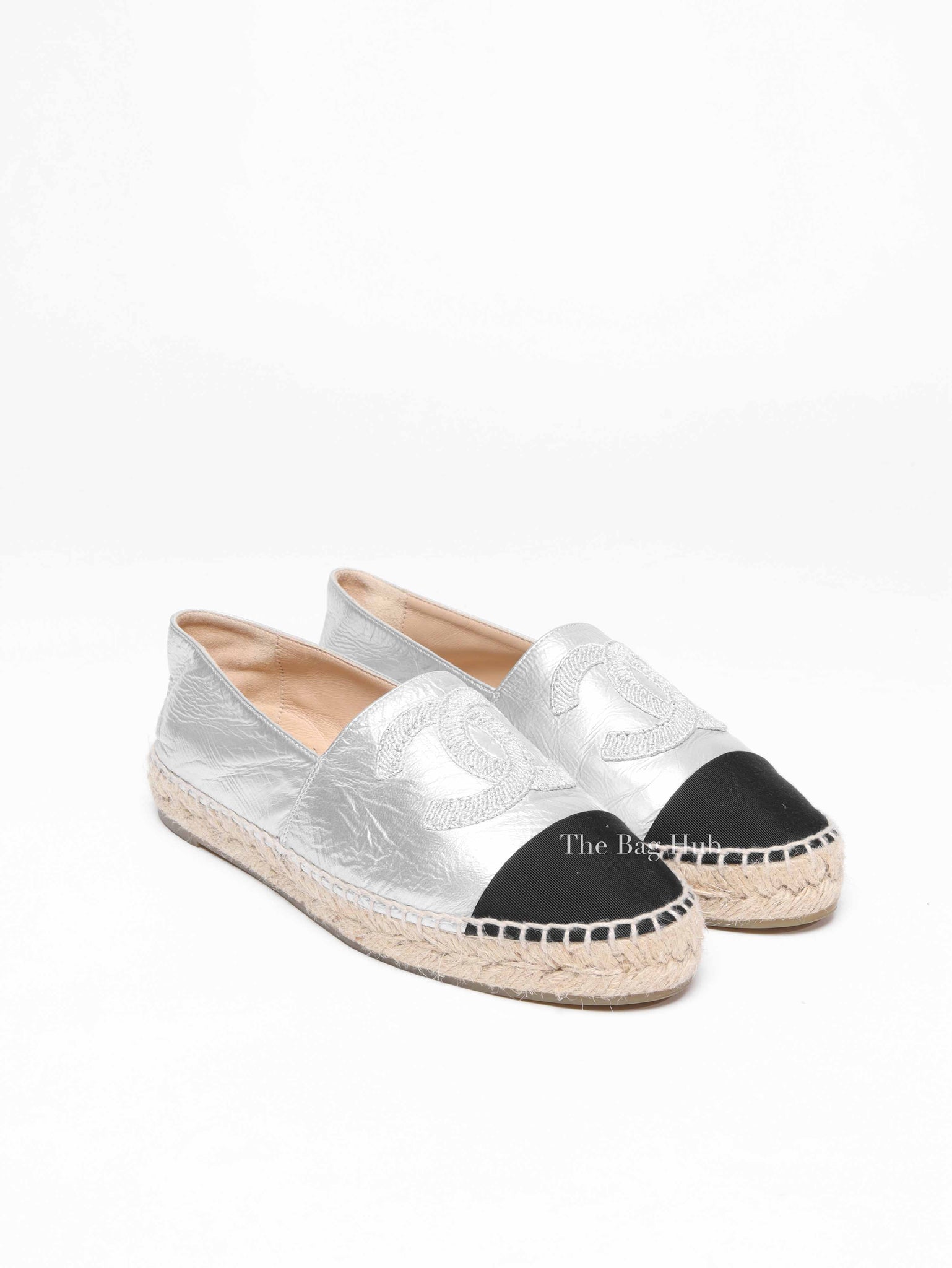 Chanel Silver Black Leather Grosgrain Embroidered CC Espadrilles Size 37