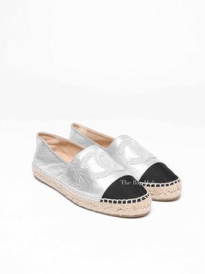 Chanel Silver Black Leather Grosgrain Embroidered CC Espadrilles Size 37