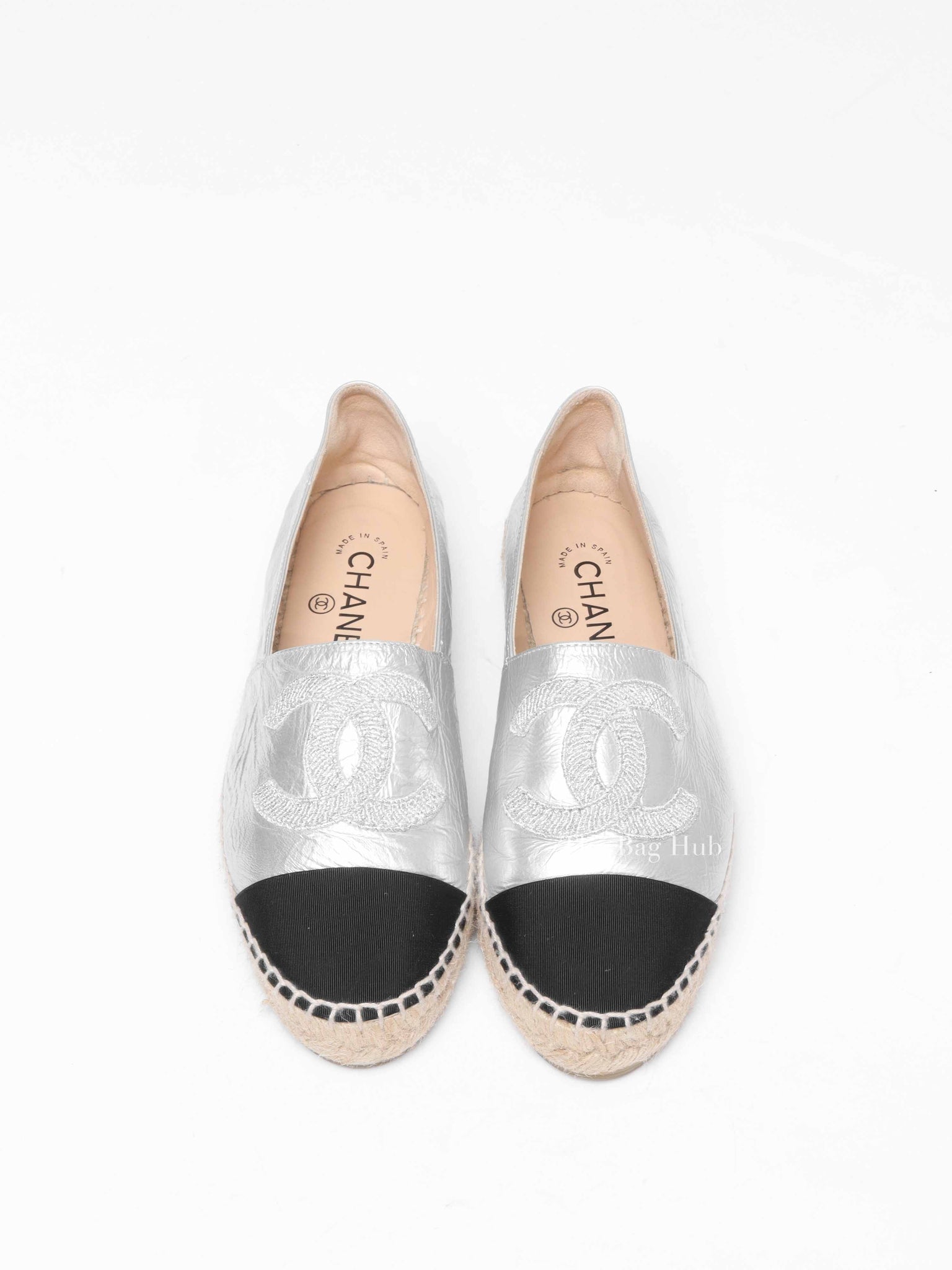 Chanel Silver Black Leather Grosgrain Embroidered CC Espadrilles Size 37