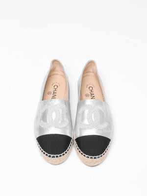 Chanel Silver Black Leather Grosgrain Embroidered CC Espadrilles Size 37