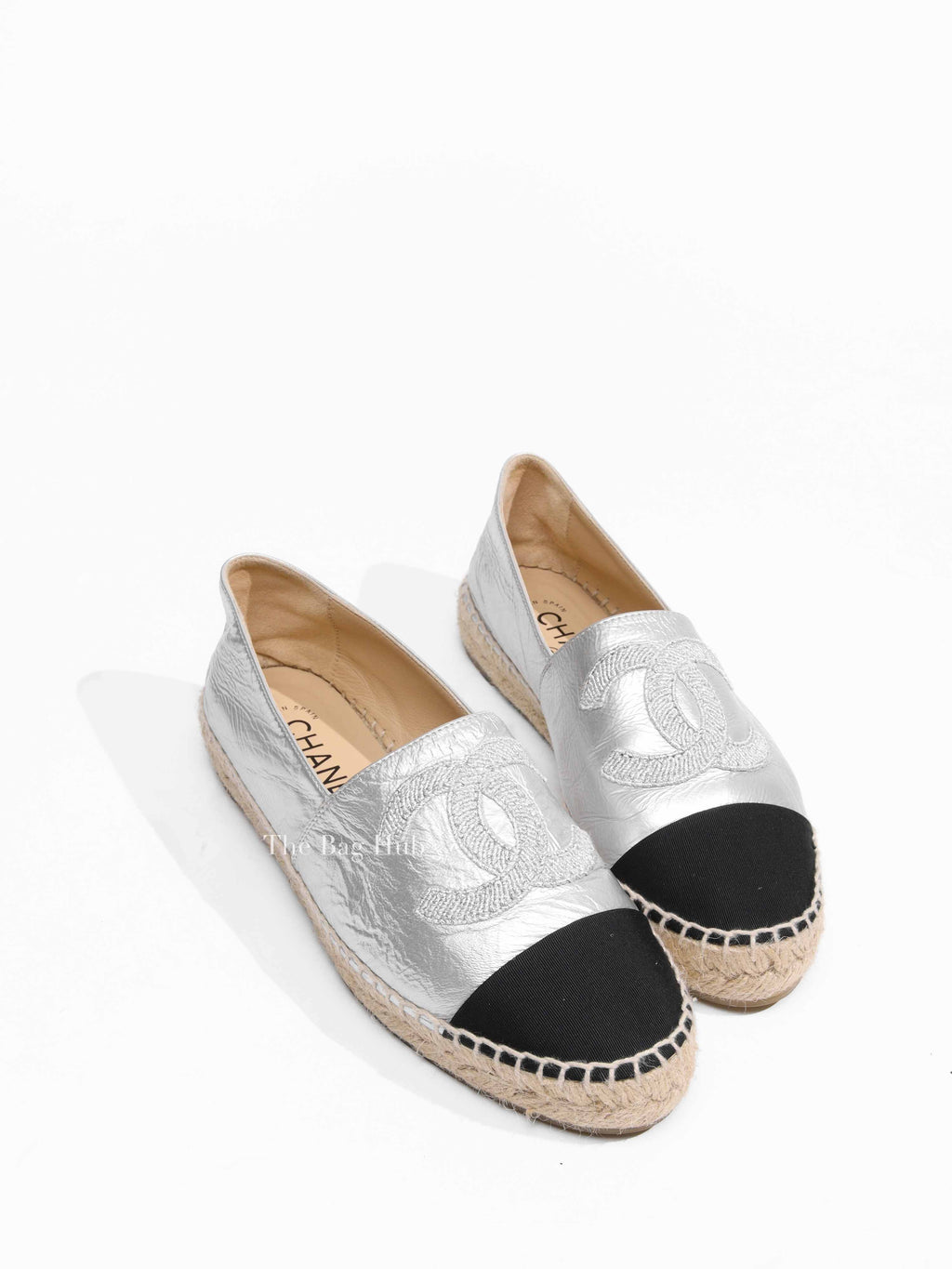 Chanel Silver Black Leather Grosgrain Embroidered CC Espadrilles Size 37