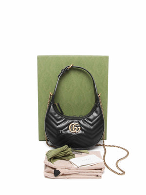 Gucci Black Matelasse Chevron Leather GG Marmont Half Moon Mini Bag