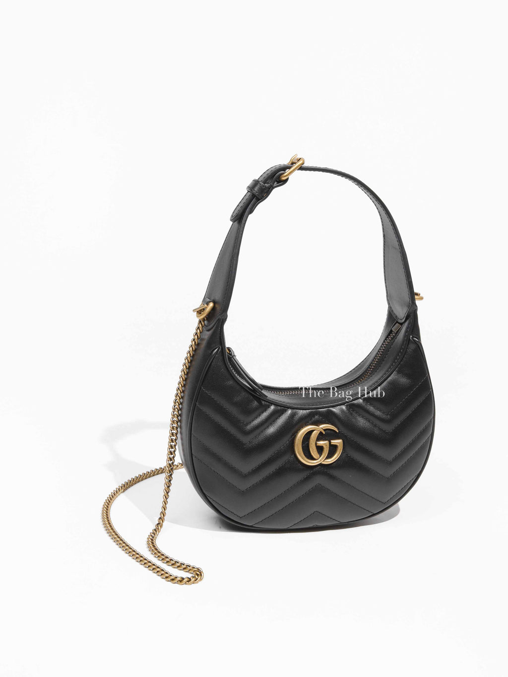 Gucci Black Matelasse Chevron Leather GG Marmont Half Moon Mini Bag