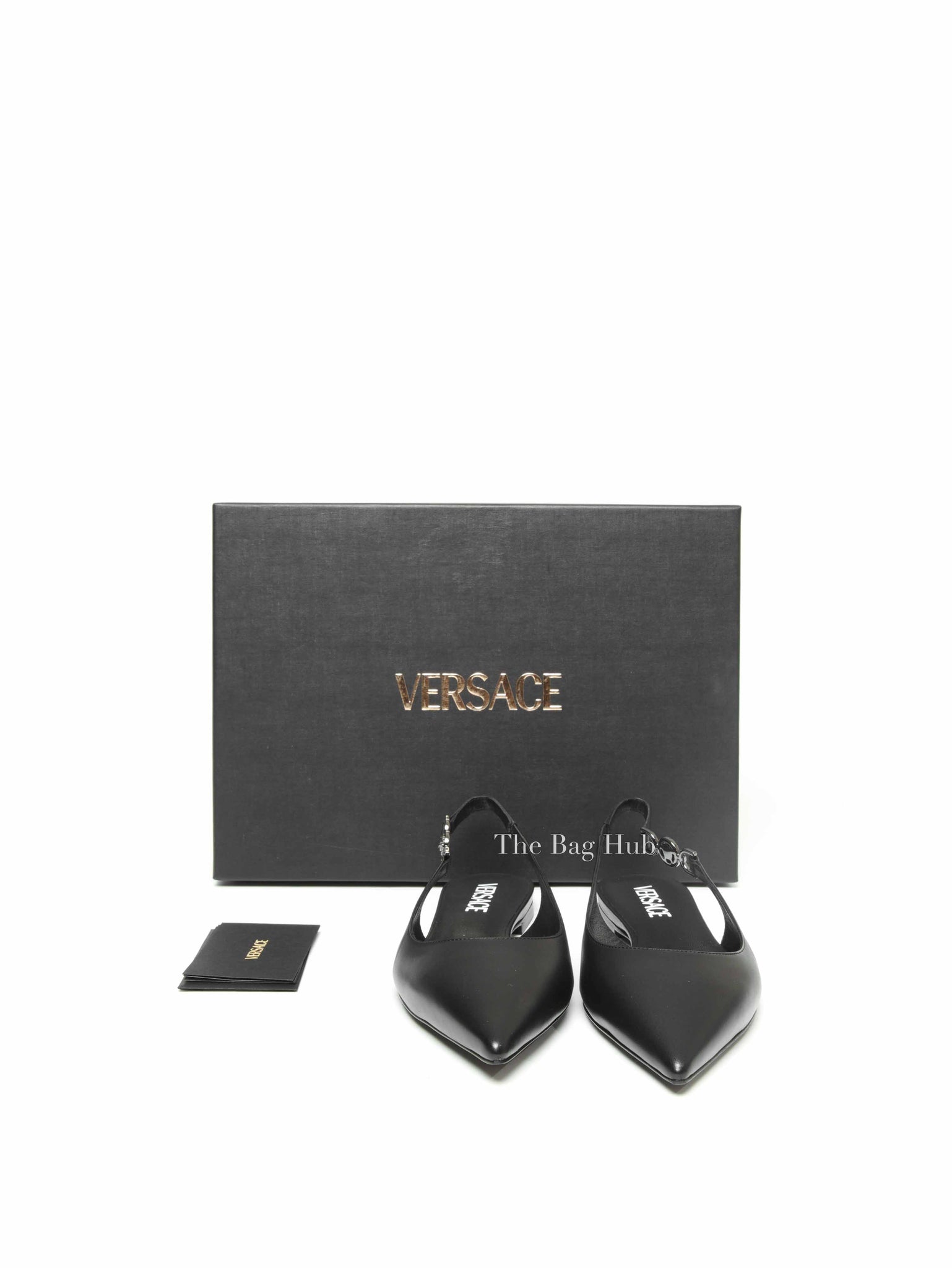 Versace Black Leather Camuto Jesander Low Heel Pointed Toe Slingback size 37