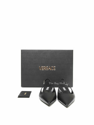 Versace Black Leather Camuto Jesander Low Heel Pointed Toe Slingback size 37