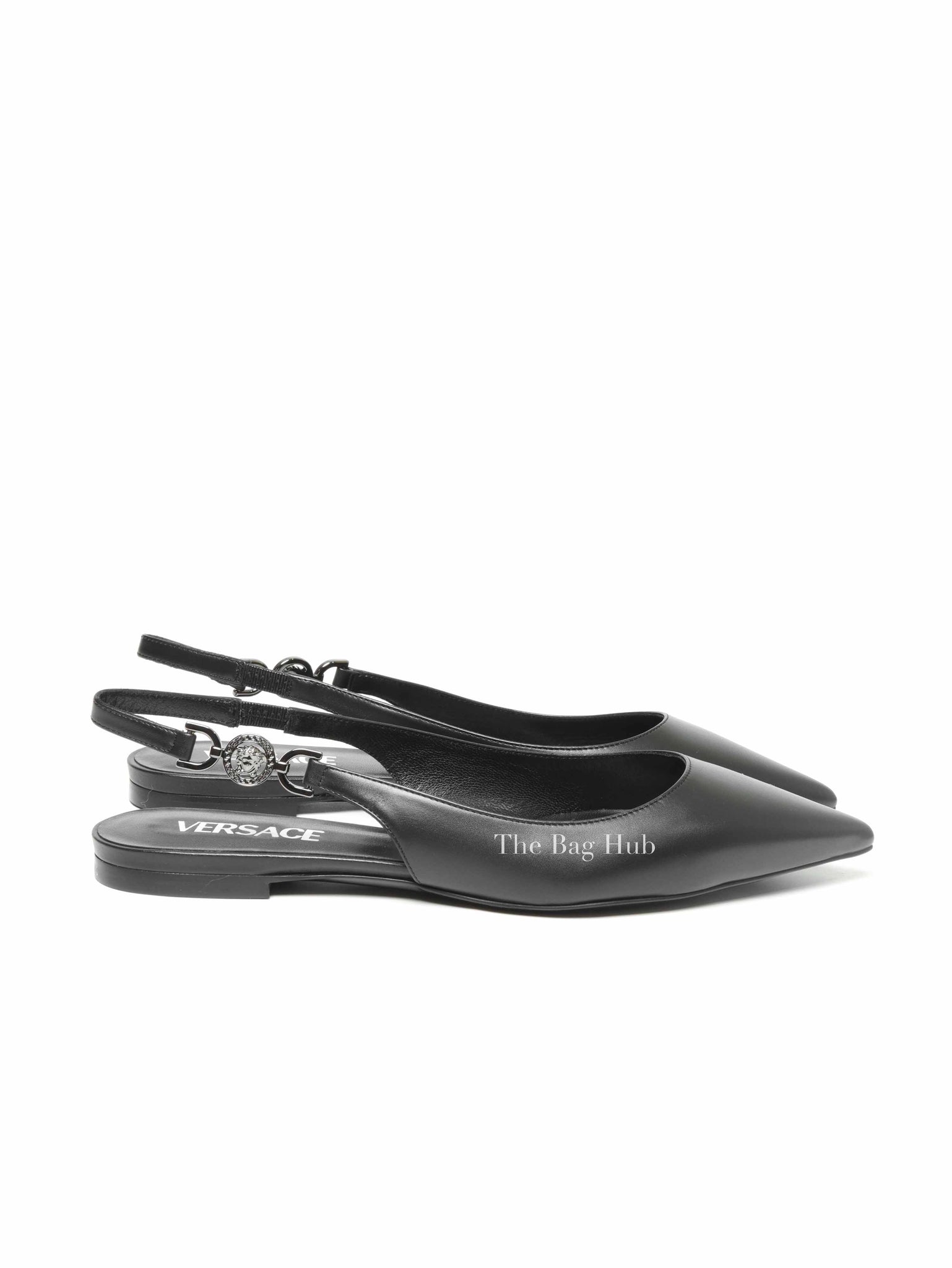 Versace Black Leather Camuto Jesander Low Heel Pointed Toe Slingback size 37